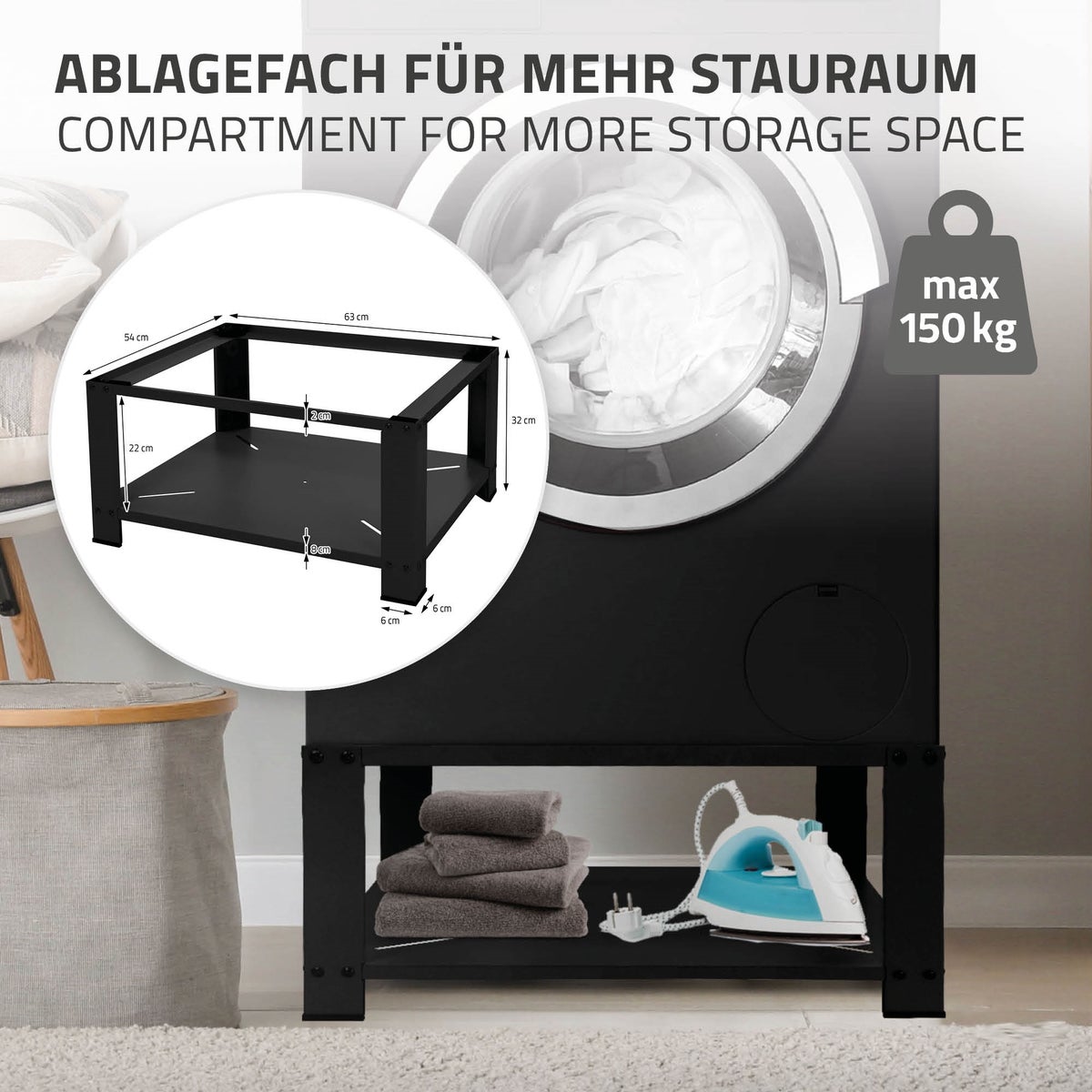 ML-Design Wasmachine Onderstel met Plank 63x54 cm Staal Zwart tot 150 kg, Wasmachinekast, Stabiele Wasmachine Onderstel, 32 cm Hoge Platformverlenging voor Droger/Koelkast Onderstel