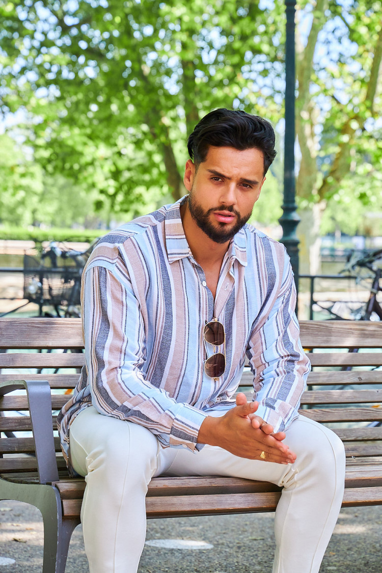 Chemise en maille de coton rayée beige