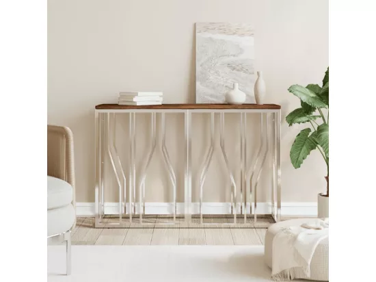 Table console acier inoxydable et bois massif de récupération