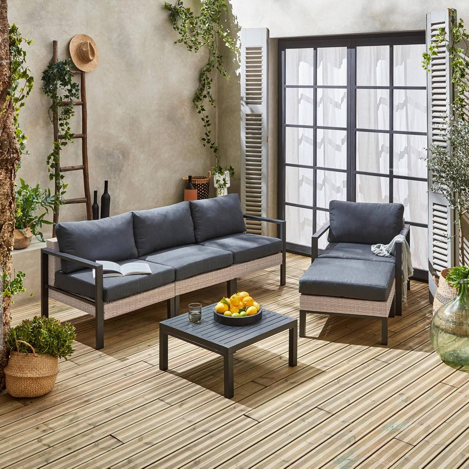 Alice's Garden - Gartenlounge-Set, Aluminium und Polyrattan, 5 Sitzplätze, dunkelgrau. L 68 x T 74 x H 63/76 cm - Velletri