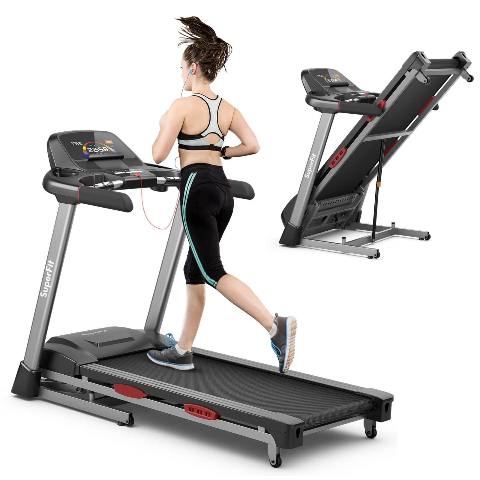 Esteira dobrável Goplus 4.75HP para academia em casa, esteira comercial resistente Superfit com inclinação automática de 15%.
