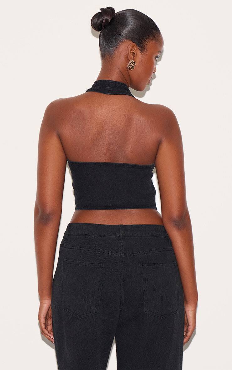Noir Délavé Gilet En Denim Sans Manches Col Licou Avec Devant Croisé