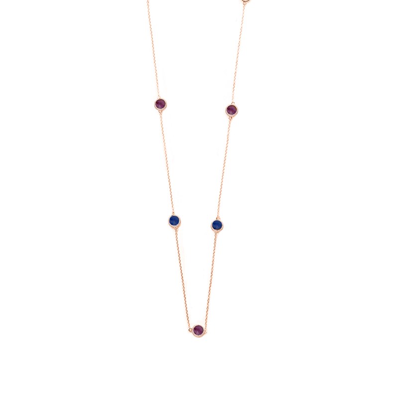 Collier Argent Rose Goutte De Cristal Pierres Marine Et Prune