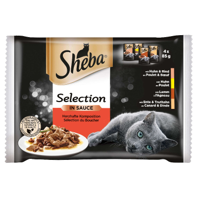 Sheba Katzenfutter Selection Herzhafte Komposition mit Huhn, Rind, Lamm, Ente & Truthahn 4x85g