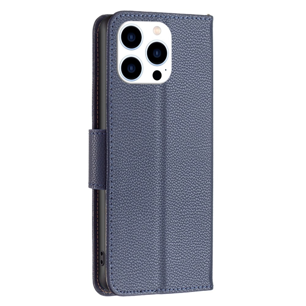 iPhone 14 Pro Leder Tasche Flip Cover im Litchi Look mit Kartenfach   Handschlaufe - Dunkelblau