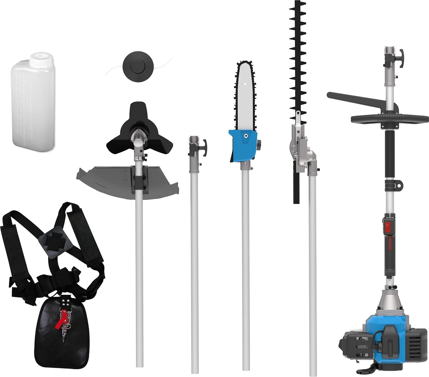 Güde Gartenpflege-Set GPS 1001 4in1 (2-Takt-Motor 1,2/1,6 (kW/PS), Astkettensäge mit Oregon Schwert & Kette/Freischneider/Trimmer/Heckenschere in einem, inkl. Verlängerung, Mischbehälter & Tragegurt)