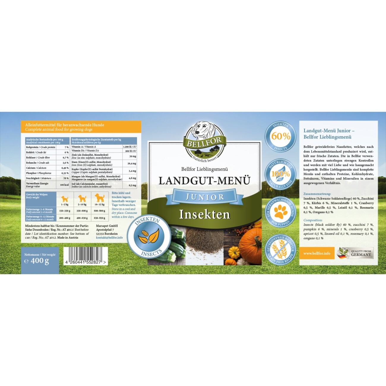 Bellfor Hundefutter Nass mit Insekten für Welpen - Landgut-Menü Junior - 400g