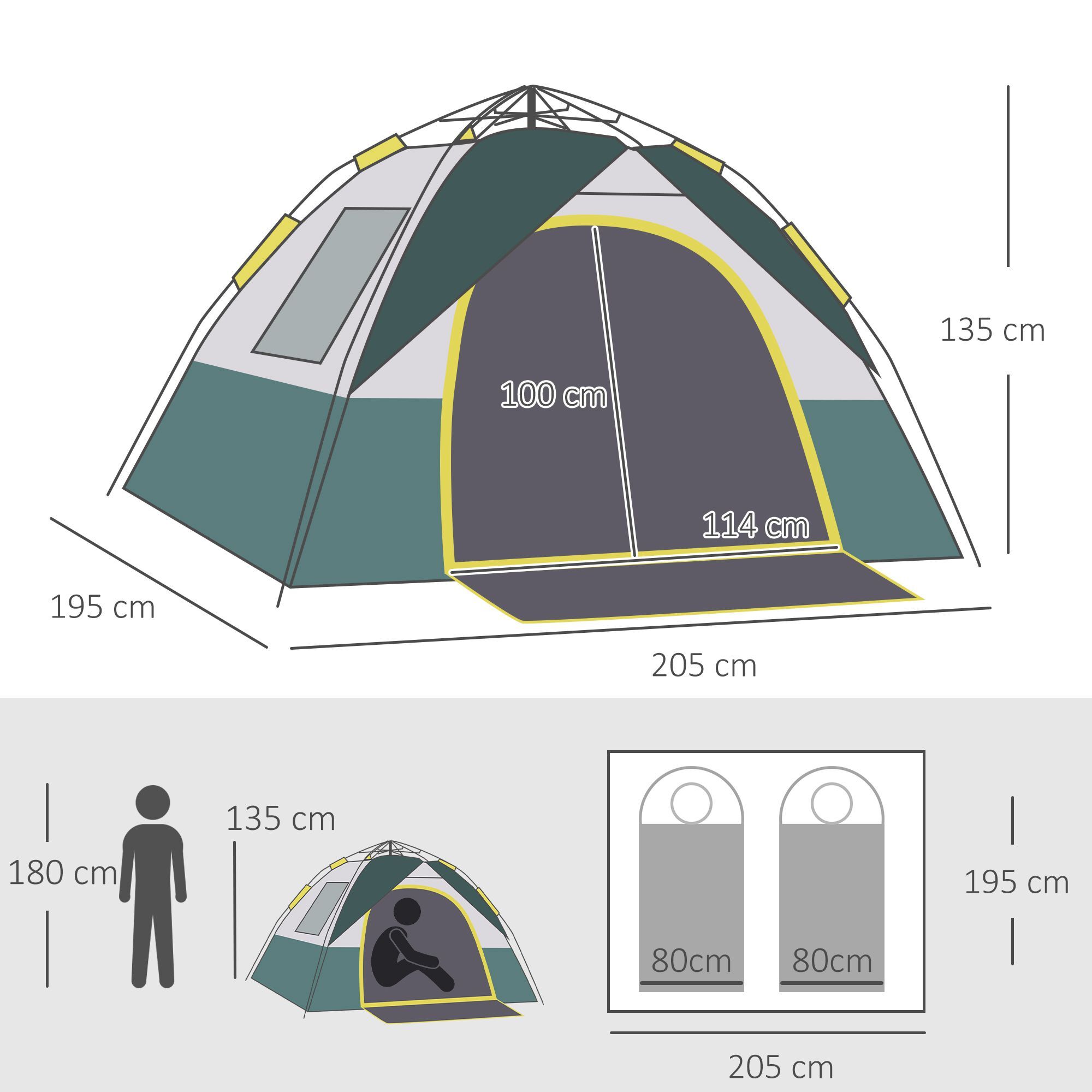 Outsunny Campingzelt für 3-4 Personen olivegrün 205 x 195 x 135 cm (LxBxH)