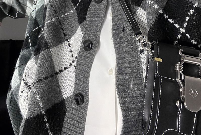Honey River - V-hals Argyle Losvallend Vest met Knoopjes