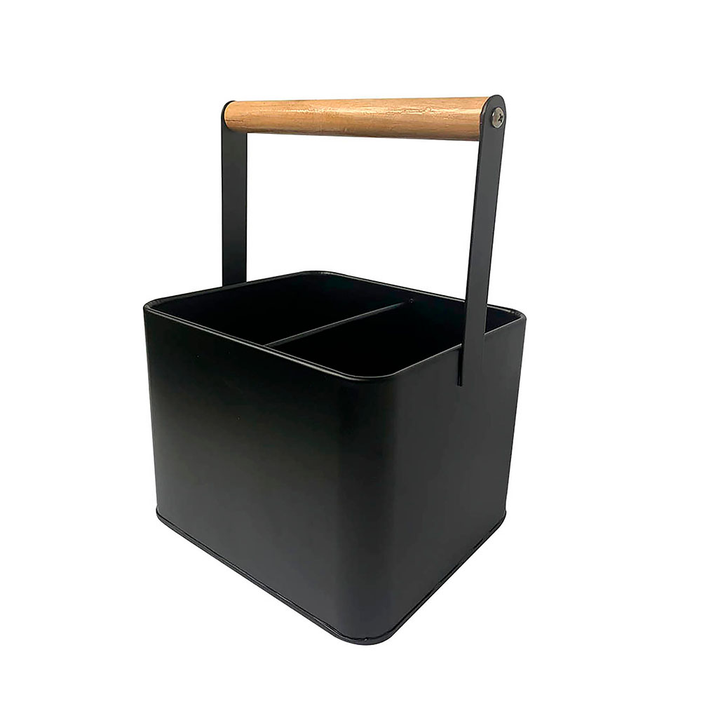 Porte ustensiles métal noir poignée bambou 25x18x15.5cm