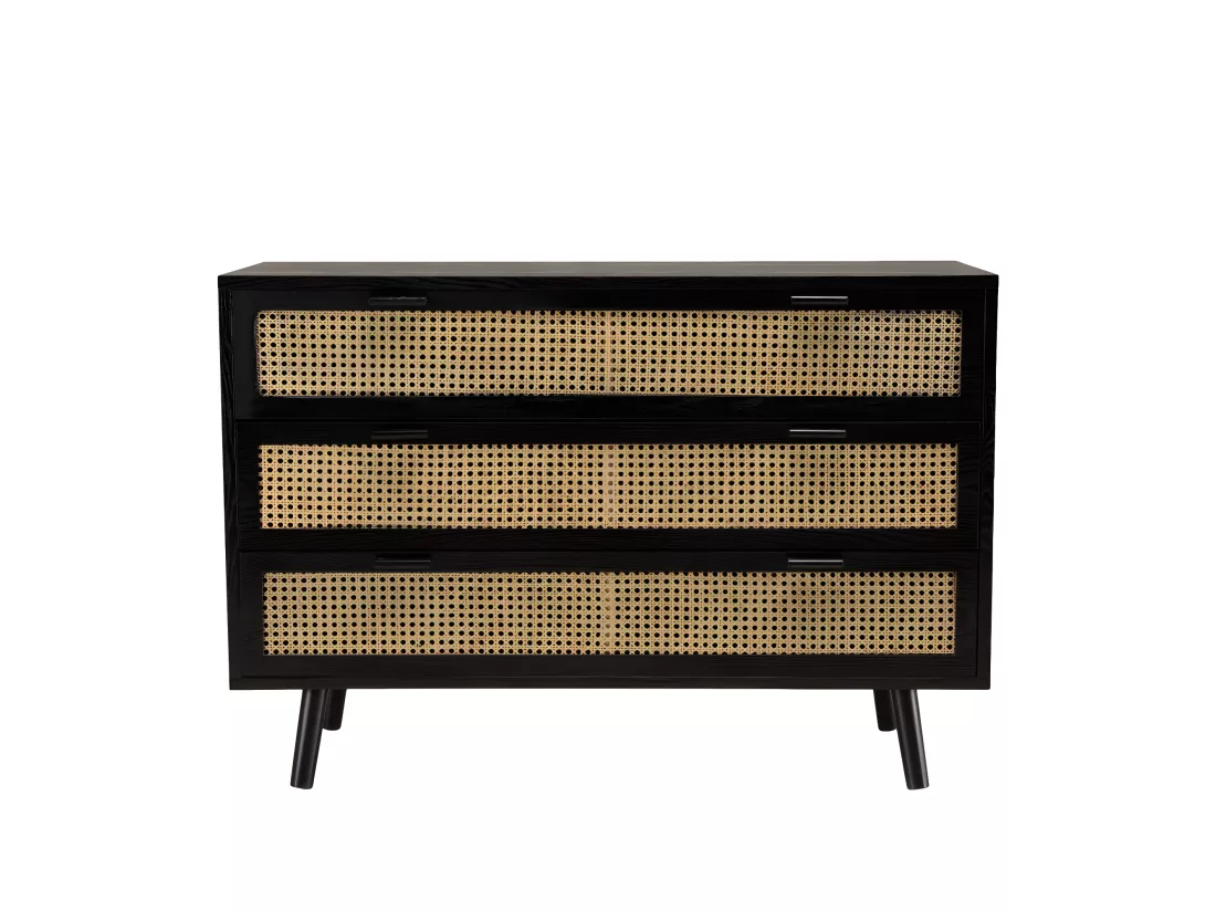 EMILIO - Commode noire 3 tiroirs cannage naturel