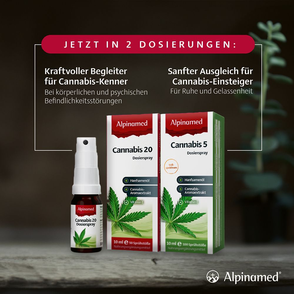 Alpinamed® Cannabis 5 Dosierspray mit Vollspektrum Cannabis-Aromaextrakt, Hanfsamenöl und Vitamin E