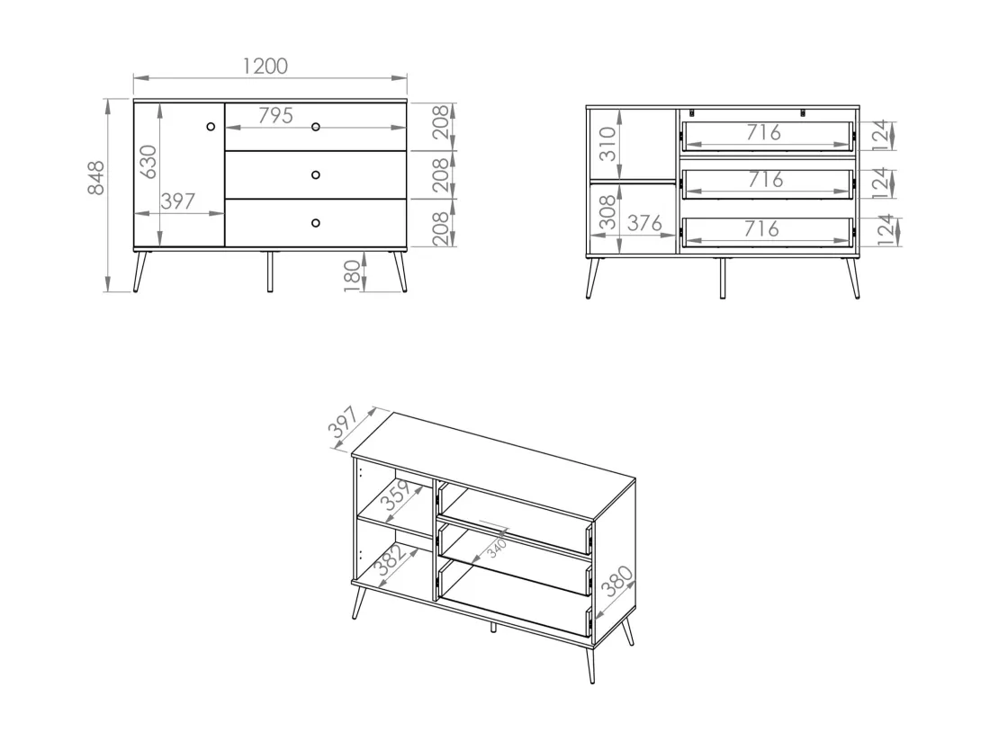 Buffet - 120 cm - 1 porte avec trois tiroirs - grège avec pieds dorés - SELGIN