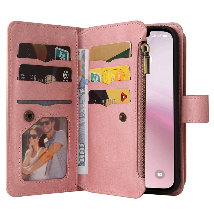 iPhone 16e Leder Tasche Flip Cover Kartenfächer mit Druckknopfverschluss   Handschlaufe - Rosa