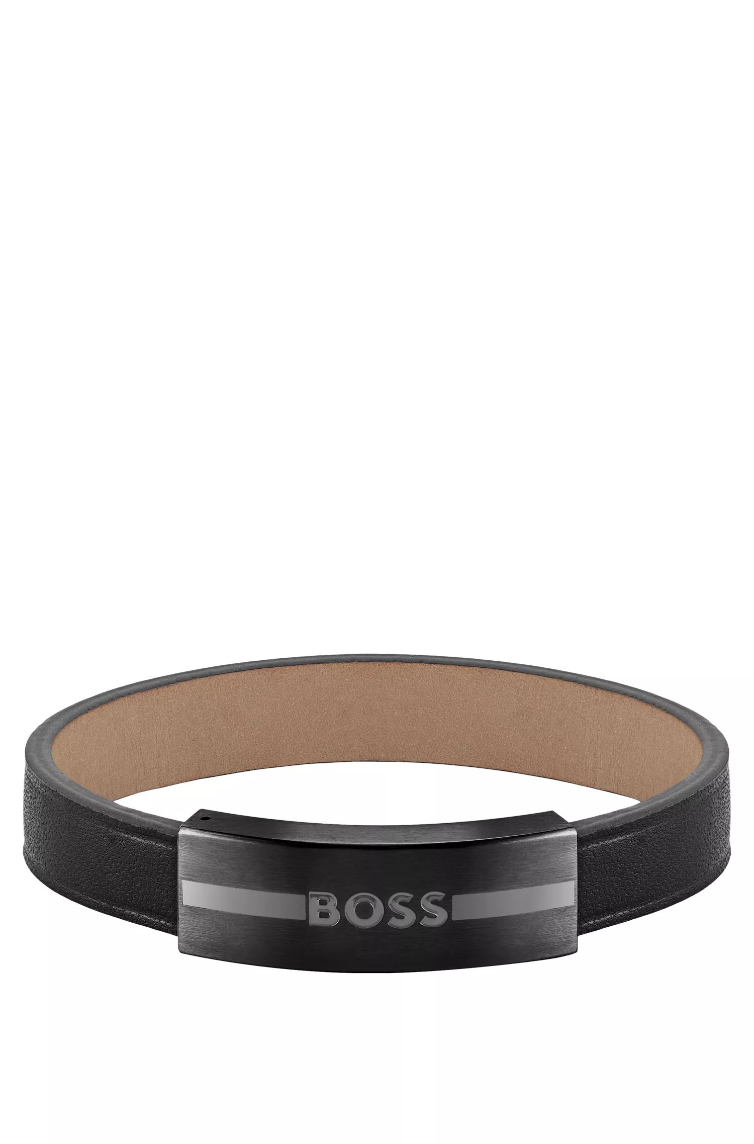 Bracelete BOSS em couro preto com placa de logotipo preenchida com esmalte metálico