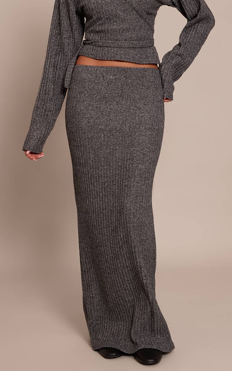 Charbon Jupe Longue Taille Élastique En Tissu Brossé