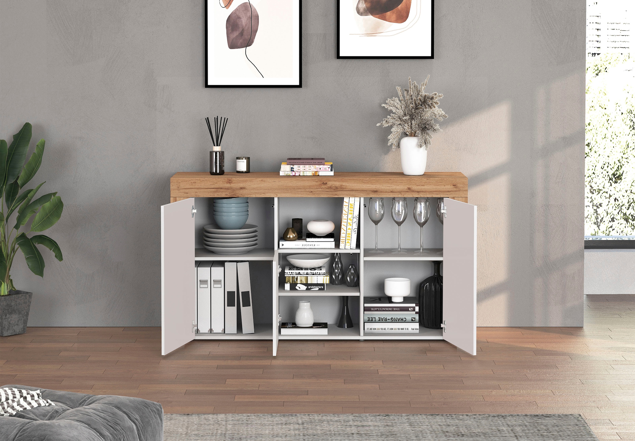 INOSIGN Sideboard »CHRONOS Breite 155 cm mit 3 Türen, 1 offenes und 6 geschlossene Fächer« 1 Stk. tlg. Sideboard,Kommode, Schrank, Grifflos mit Push to Open, Made in Italy