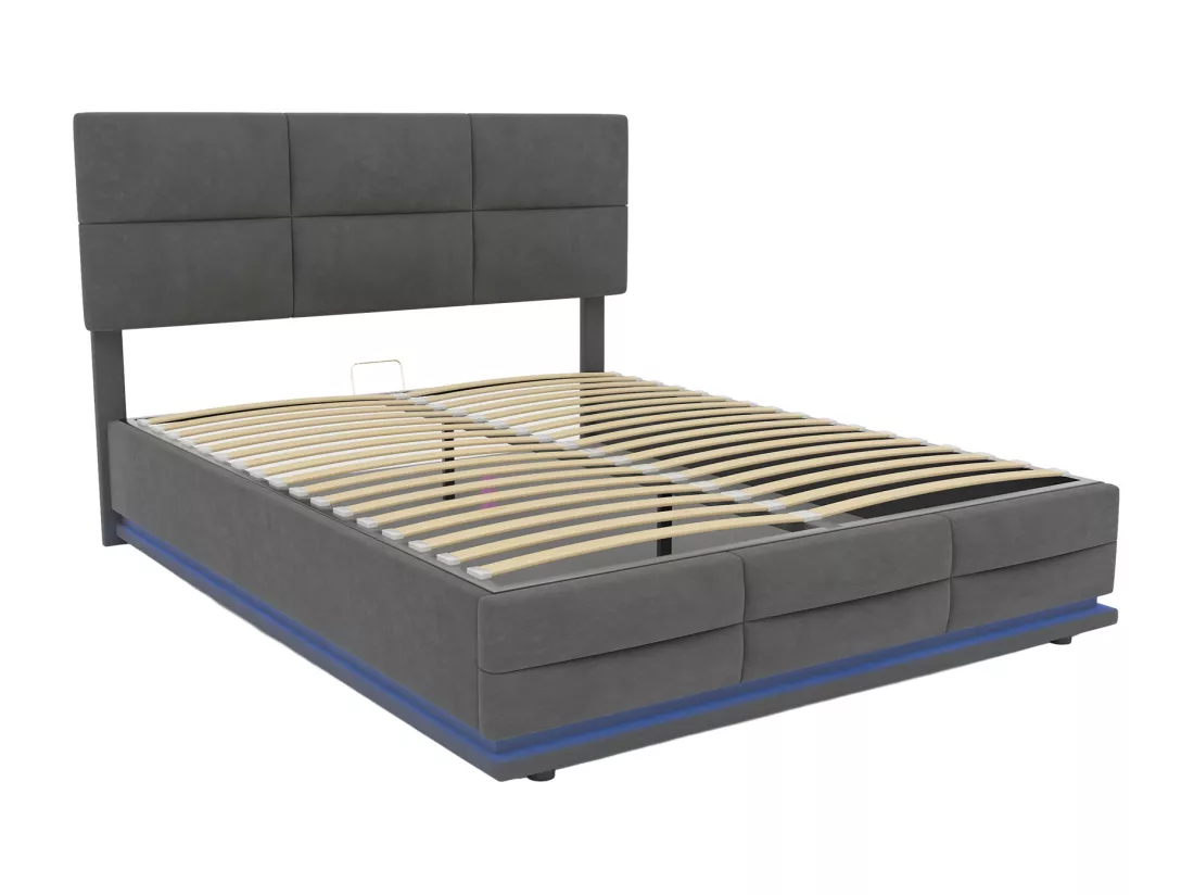 Lit coffre lit double capitonné hydraulique 160 x 200 cm en velours doux pour la peau avec lumières LED et chargeur USB, gris