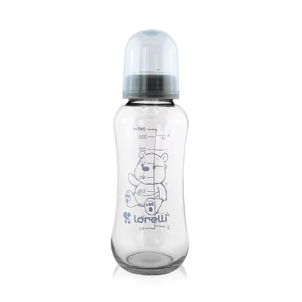 Lorelli Baby Glasflasche 240 ml Fassungsvermögen Silikonsauger Deckel ab Geburt dunkelblau