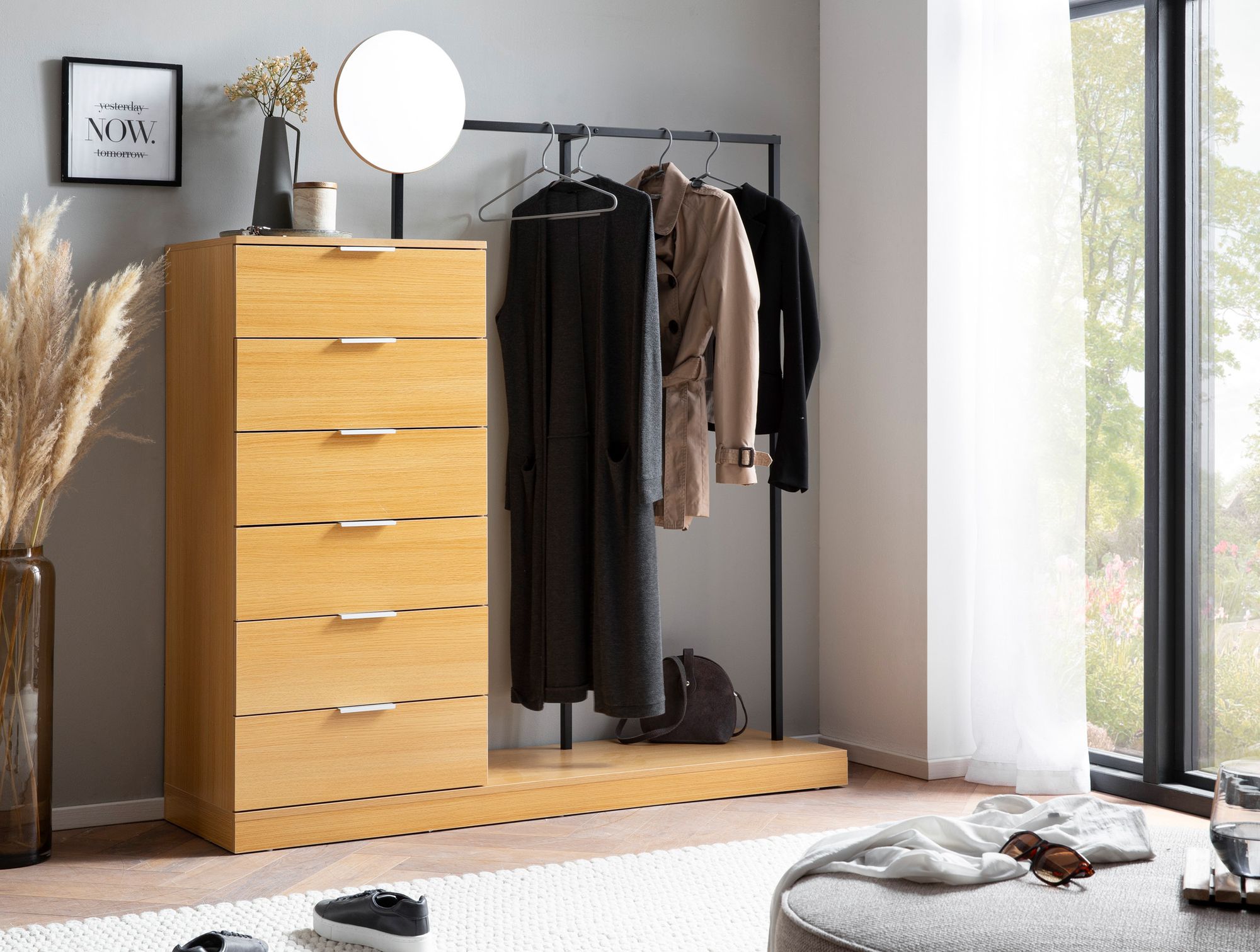Garderobe FineBuy Kleiderschrank Eiche 145 cm Schubläden Spiegel Kleiderstange