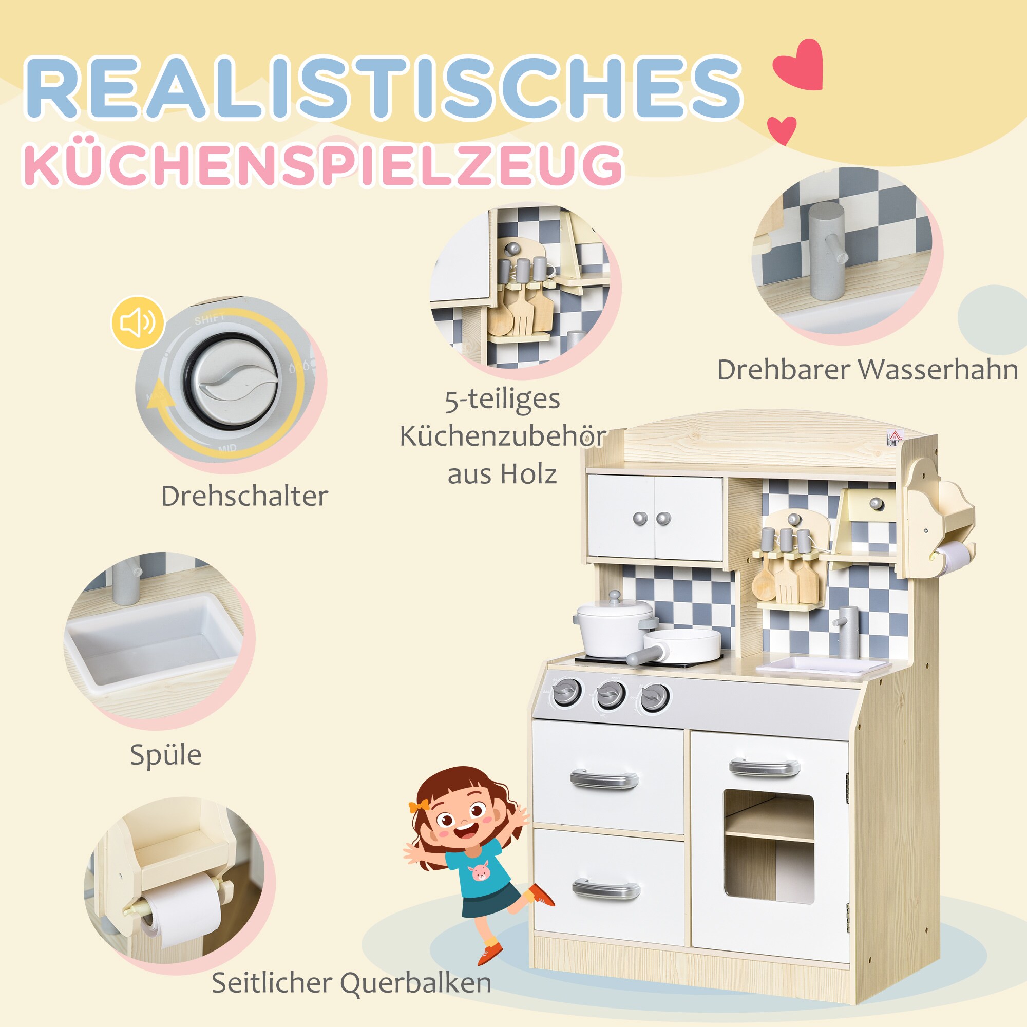 HOMCOM Kinderküchen mit Kochgeschirrzubehör bunt 54.5L x 29B x 80H cm