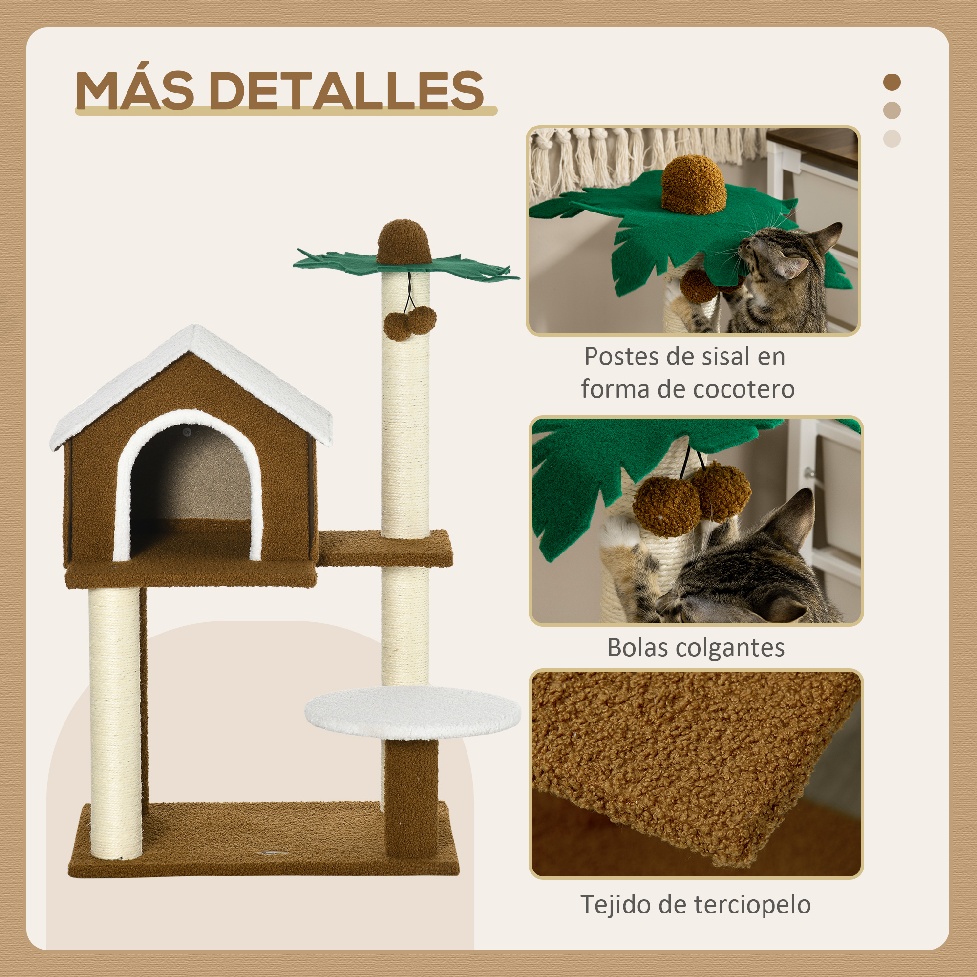 Arranhador para Gatos PawHut, 89 cm de altura, Torre para Gatos com Casinha de Pelúcia, Plataforma, Poste em Sisal em Formato de Coco e Bolas Penduradas, 55x40x89 cm, Marrom