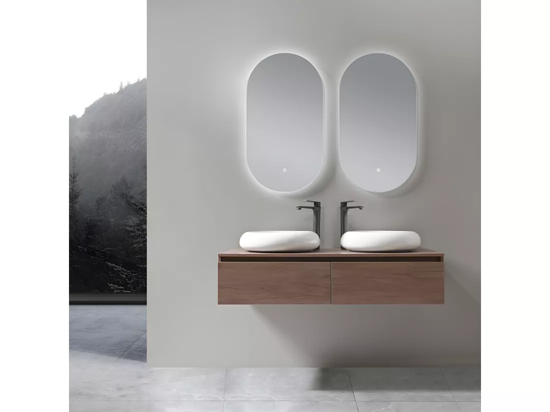 LuxuryBain - Meuble de salle de bain double vasque 120cm bois foncé avec miroir led
