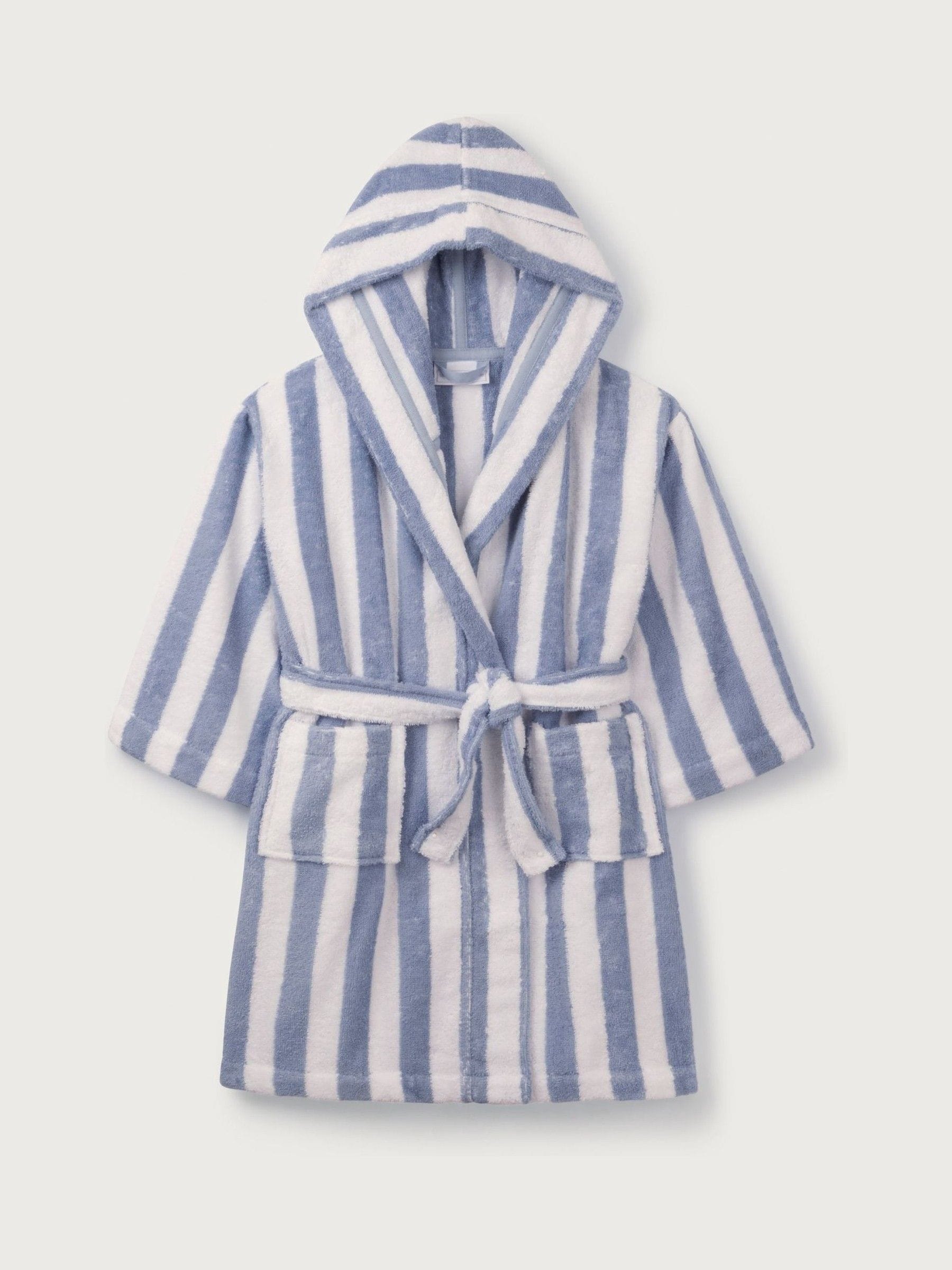 The White Company Blauwe 100% katoenen badjas met brede Strepen