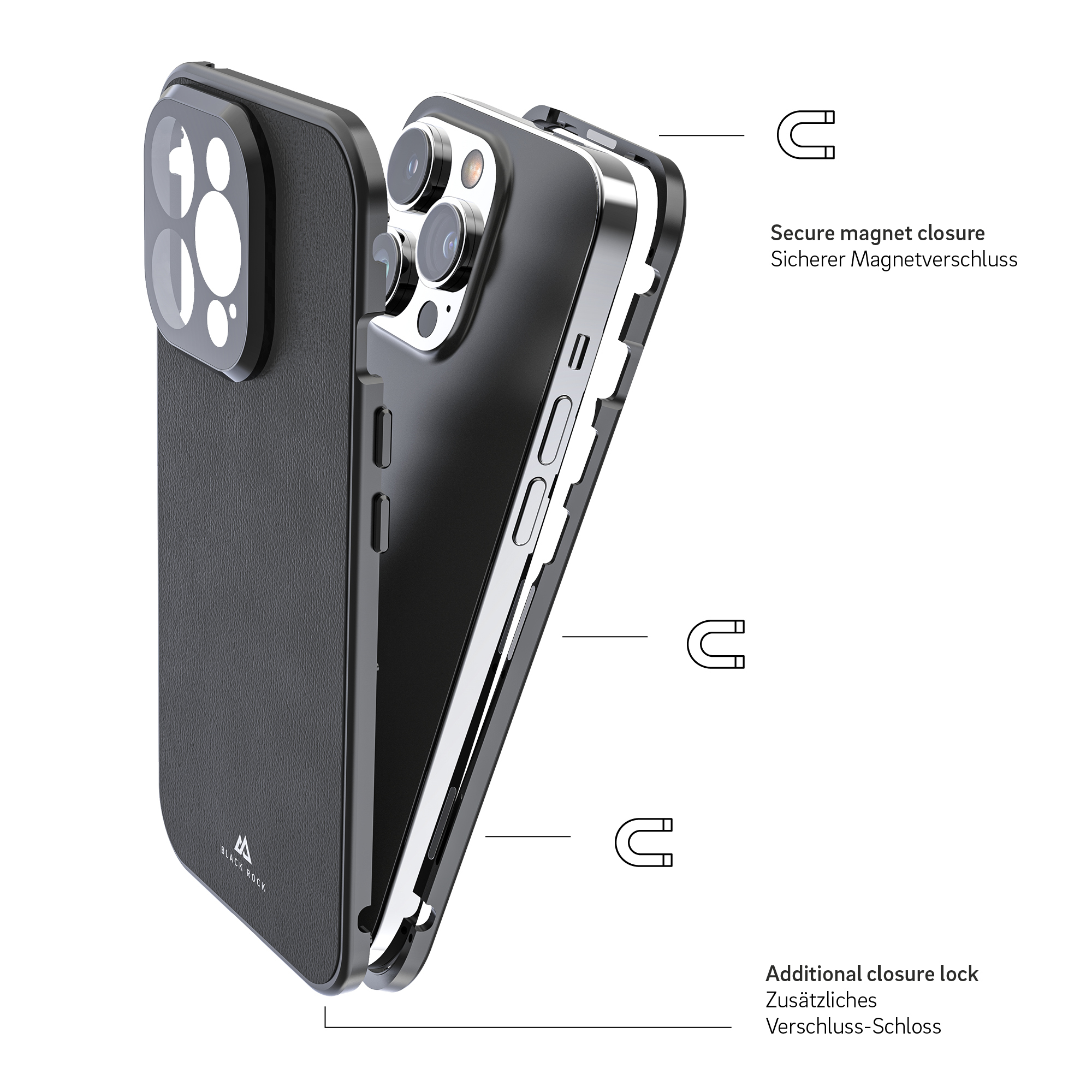 iPhone 14 Pro Magnetische 360° Glass Schutzhülle mit Echtleder Backcover   Display- / Kameraschutz (1210TGL02) - Schwarz