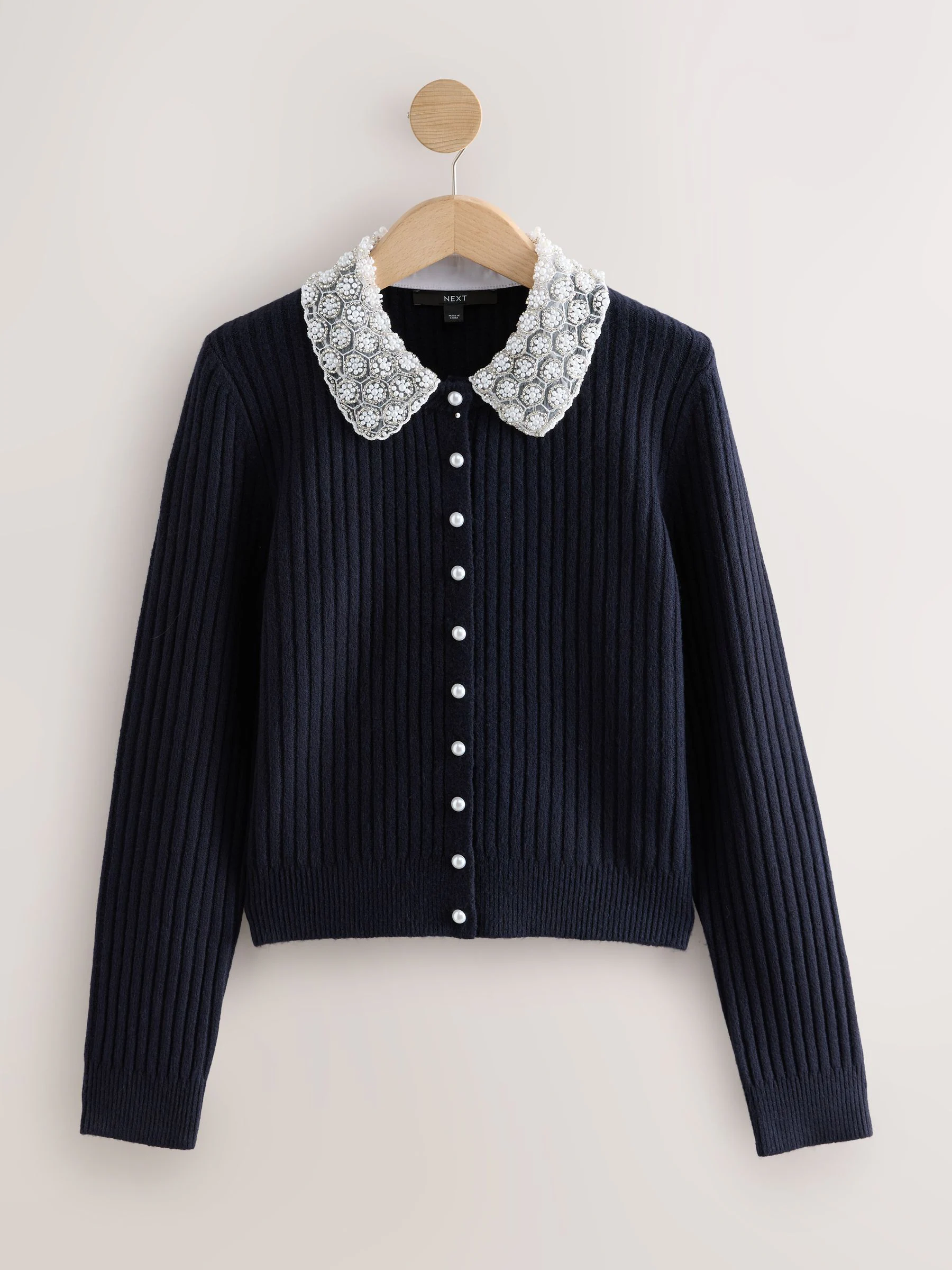 Donkerblauw - Ribbed Pearl Collar Cardigan With Wool