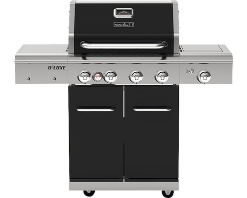 Nexgrill 4-pits gasbarbecue met achterbrander en zijbrander, zwart, inclusief rooster, dekselthermometer, vetopvangbak, grillrooster, hittebestendige handgreep, achterbrander, zijblad, zijtafel en warmhoudrek. Geëmailleerd grillrooster van gietijzer.