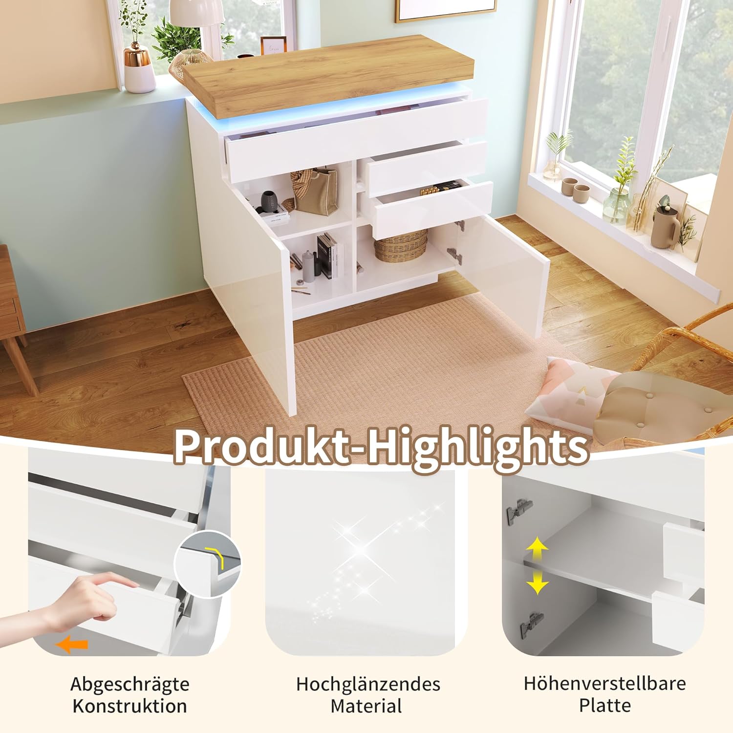 Lexiou Kommode, Hochglanz Sideboard mit 2 Türen und 3 Schubladen, LED-Beleuchtung (App-Steuerung), Mehrzweckschrank für Wohnzimmer und Schlafzimmer, 115 x 110 x 39 cm, Weiß
