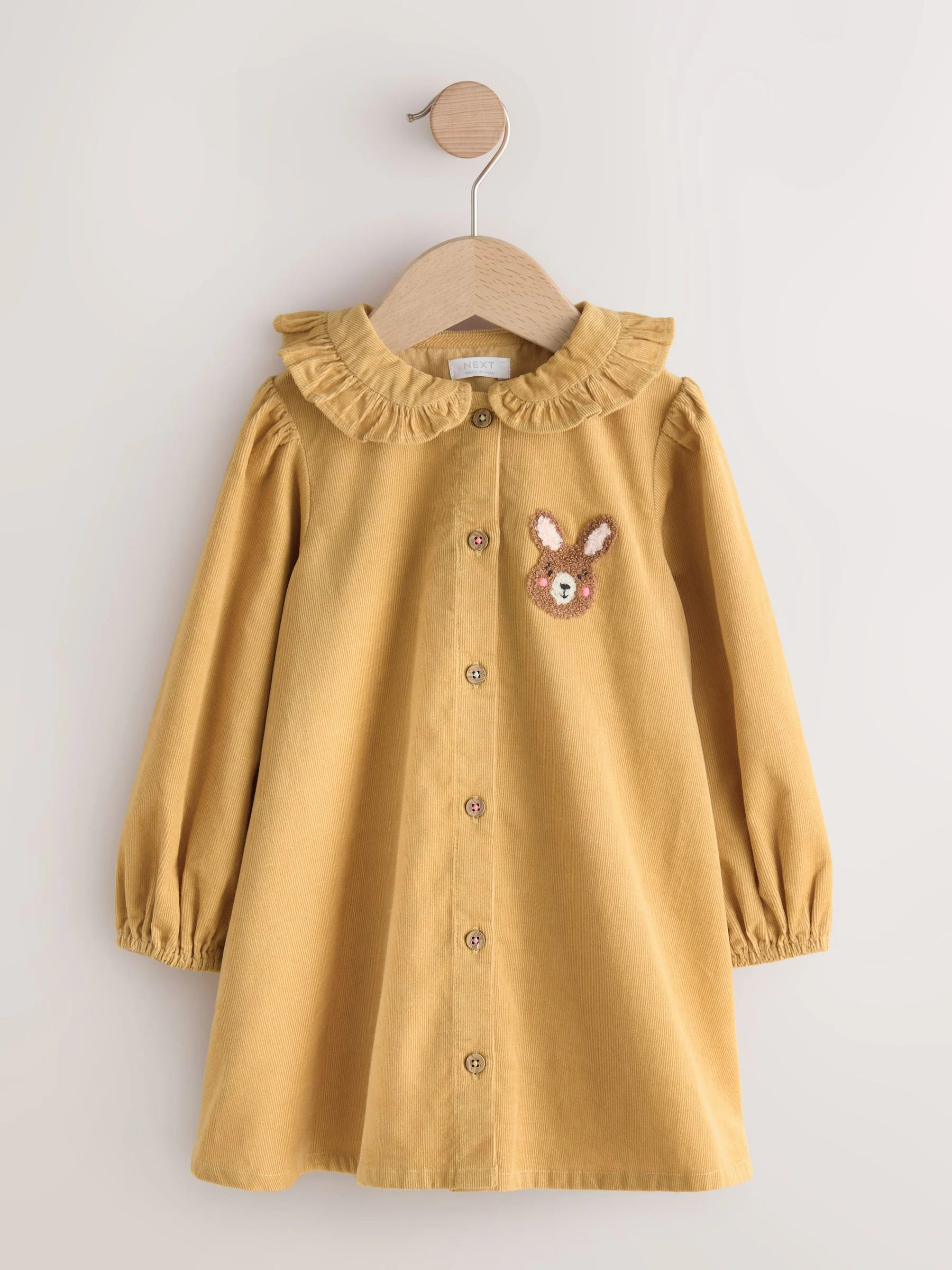 Okergeel met konijn - Corduroy jurk met lange mouwen (3mnd-8jr)