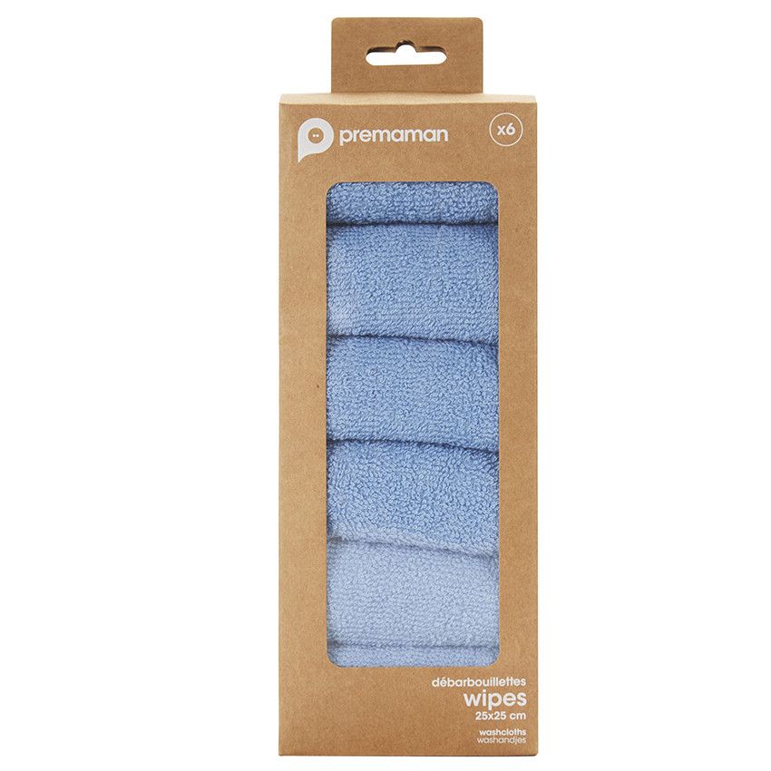 Lot de 6 débarbouillettes éponge 25 x 25 cm - Bleu