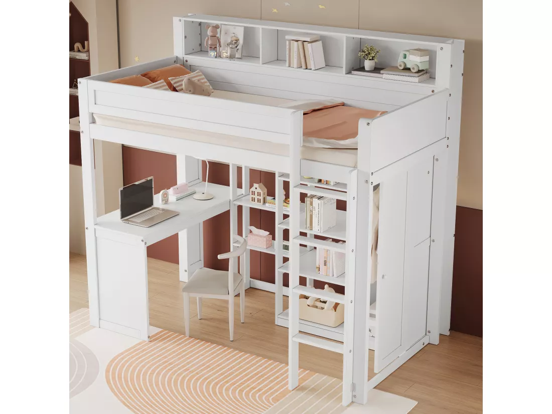 Lit mezzanine en bois de pin et MDF - 90x200 cm - avec étagères au-dessus、bureau et armoire - Blanc