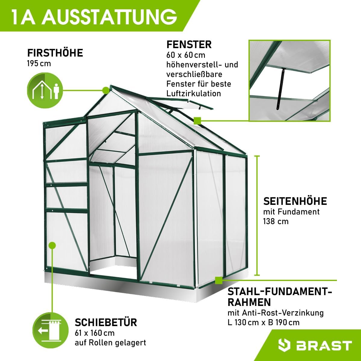 BRAST Gewächshaus Aluminium mit Fundament | 42 Modelle | 130x190x195cm - 490x250x235cm | TÜV geprüft | 6mm Hohlkammerplatten | rostfrei wetterfest temperaturbeständig | 130x190x195cm Grün