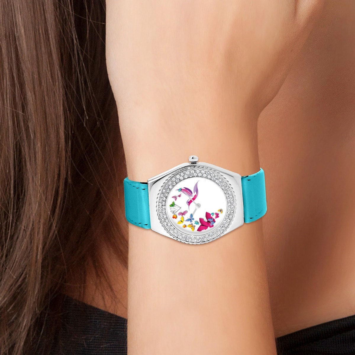 Montre Alysson papillons à mouvement tournant SC Crystal ornée de Cristaux scintillants
