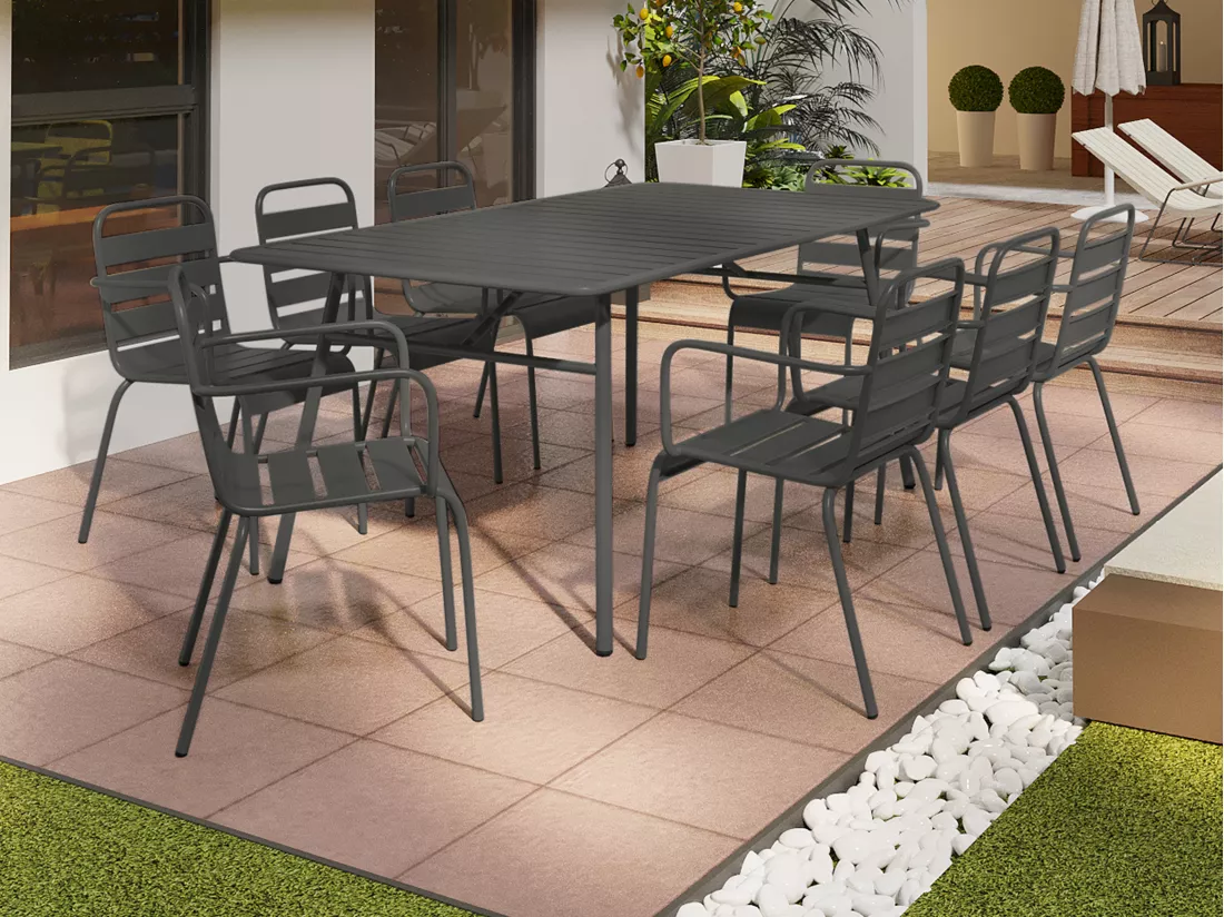 Salle à manger de jardin en métal - une table L.200 cm et 8 fauteuils empilables - Gris anthracite - MIRMANDE de MYLIA