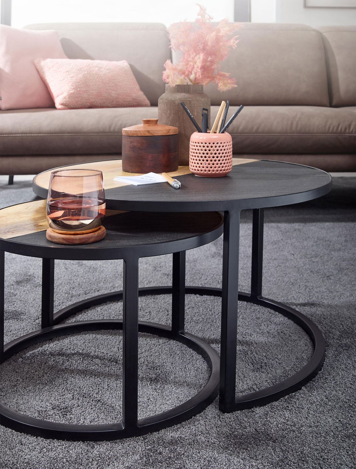 Couchtisch rund 2er Set Schwarz/ Gesteinsoptik