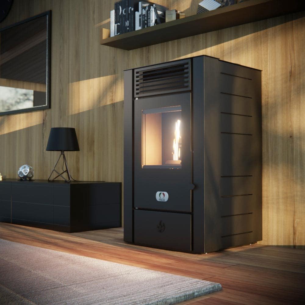 STUFE A PELLET ITALIA Alaska 10 KW | Pelletöfen mit Belüftung Effizienz 91% Heizt 85m² Autonomie 20 Sdt. Programmierbar 5 Geschwindigkeiten und Kräfte 24M Garantie Schwarz