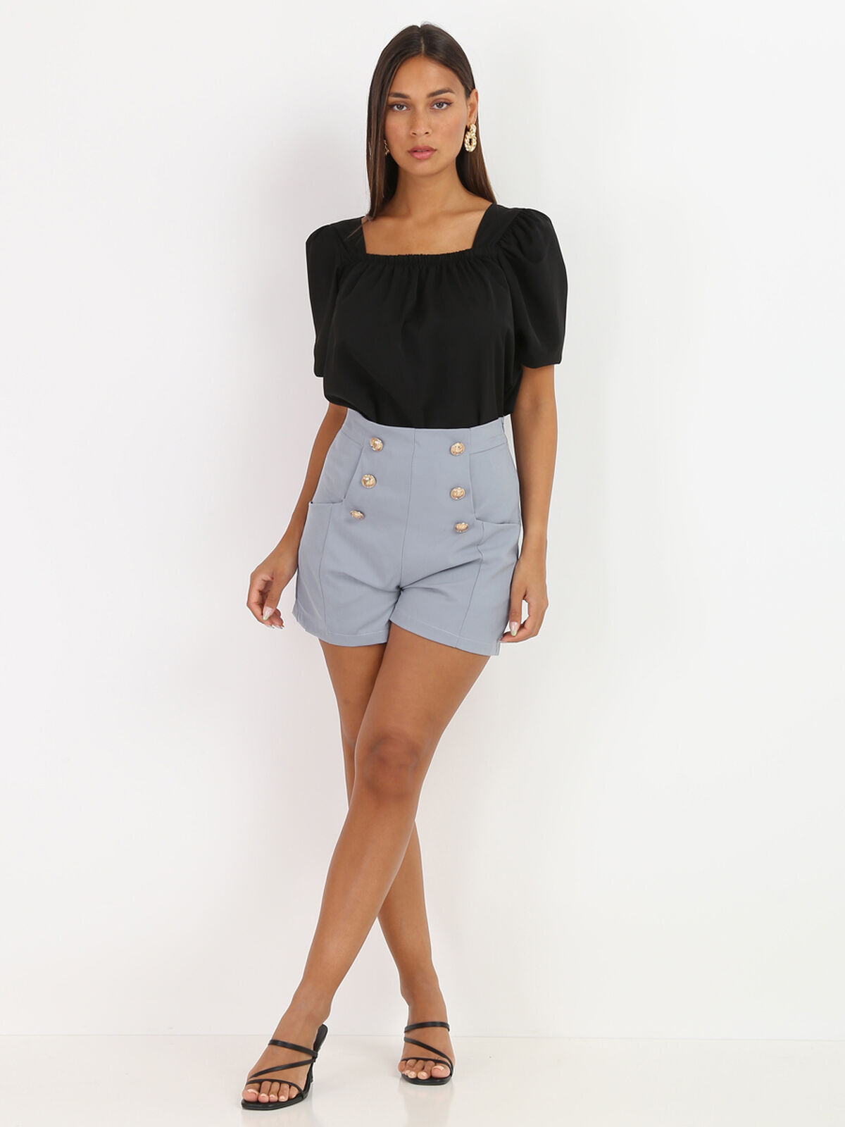 Short taille haute à boutons- Bleu clair