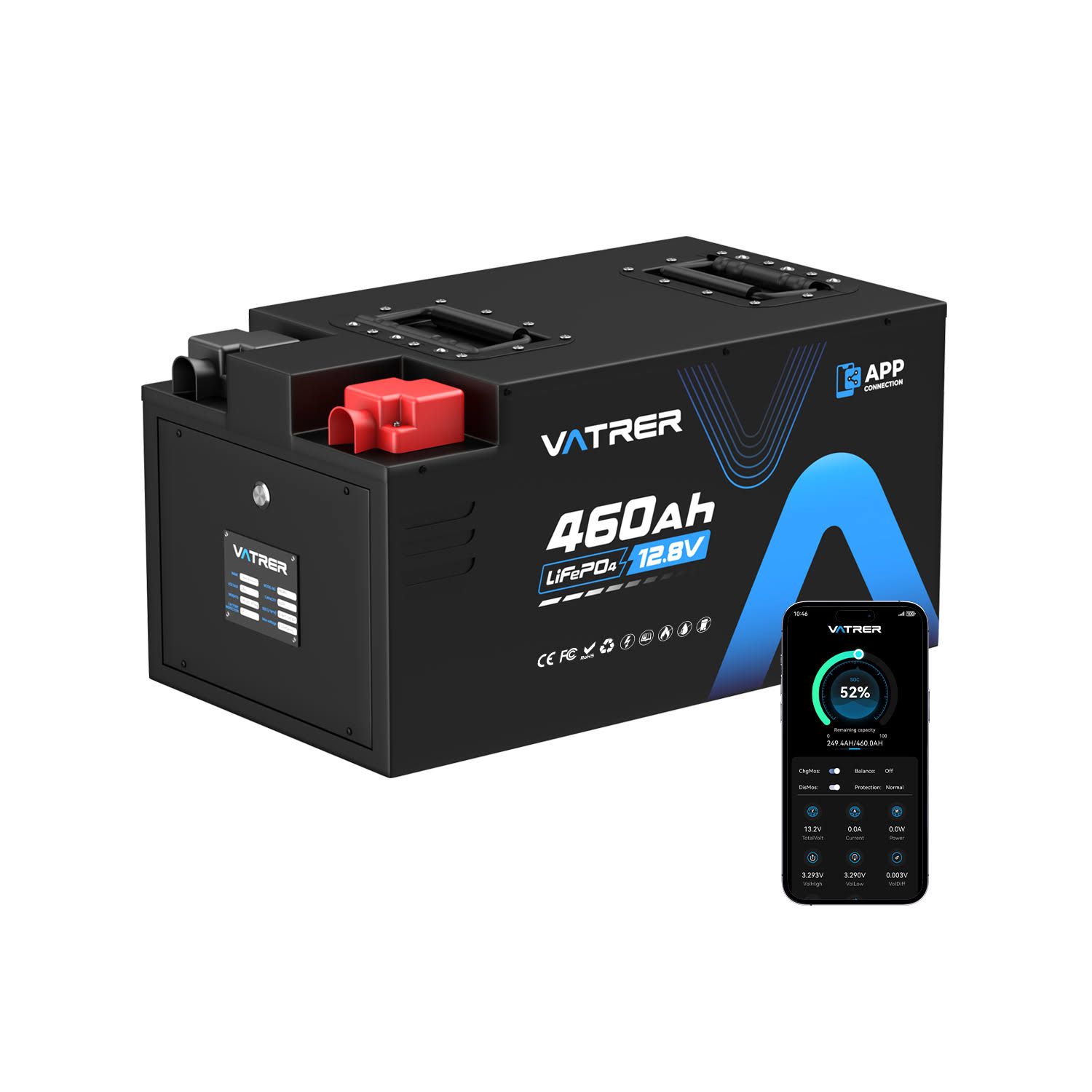Vatrer 12V 460AH 300A BMS Lithium batterien Niedrigtemperatur-Abschaltung LiFePO4 RV-Batterie Bluetooth-Version 1 PACK