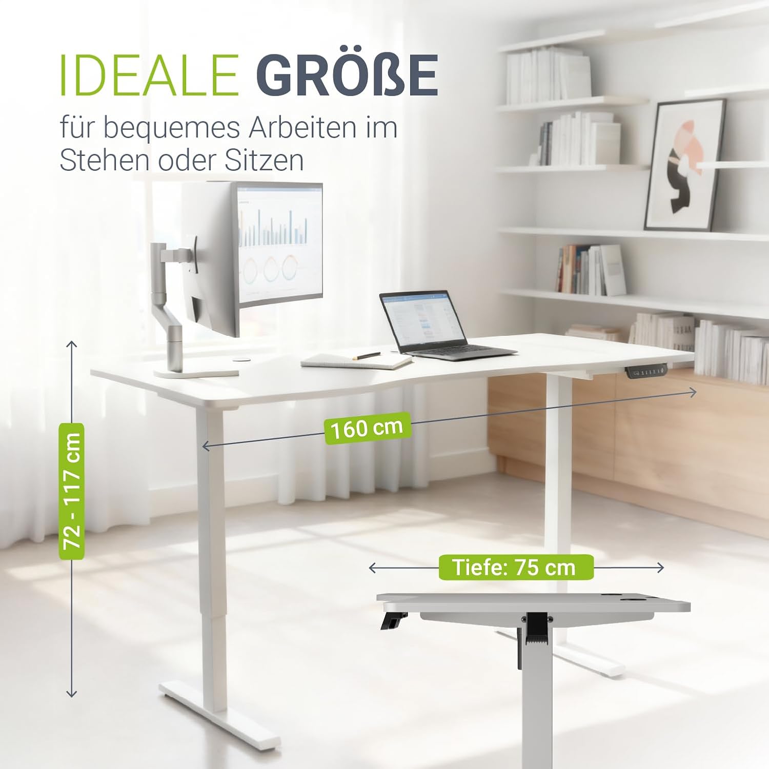 Juskys Höhenverstellbarer Schreibtisch 160x75cm - Elektrisch stufenlos verstellbar Bürotisch Sitz- & Stehtisch Speicherplatz Memory-Funktion - Weiß