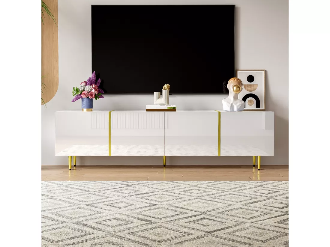 Meuble TV moderne avec 4 portes - 170 x 35 x 46 cm - Bois MDF - Blanc brillant et or