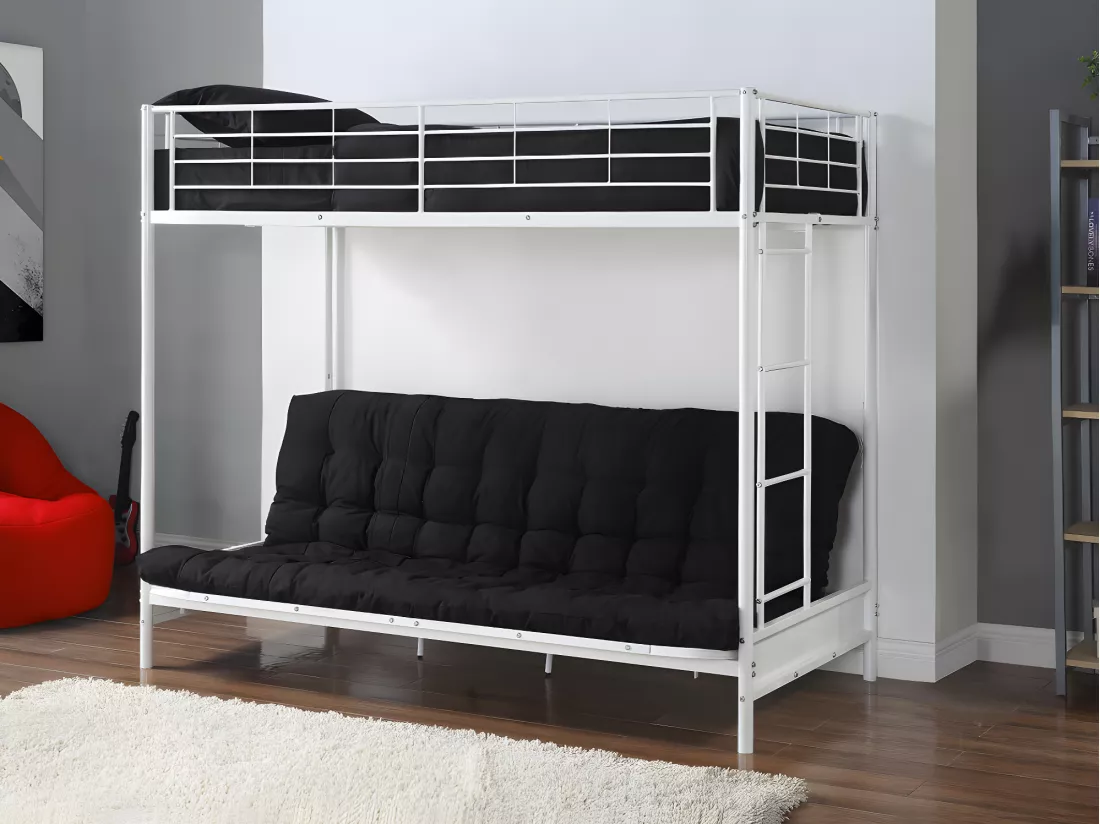 Lit mezzanine 90 x 190 cm - Avec banquette convertible - Métal - Blanc + Futon + Matelas - MODULO V