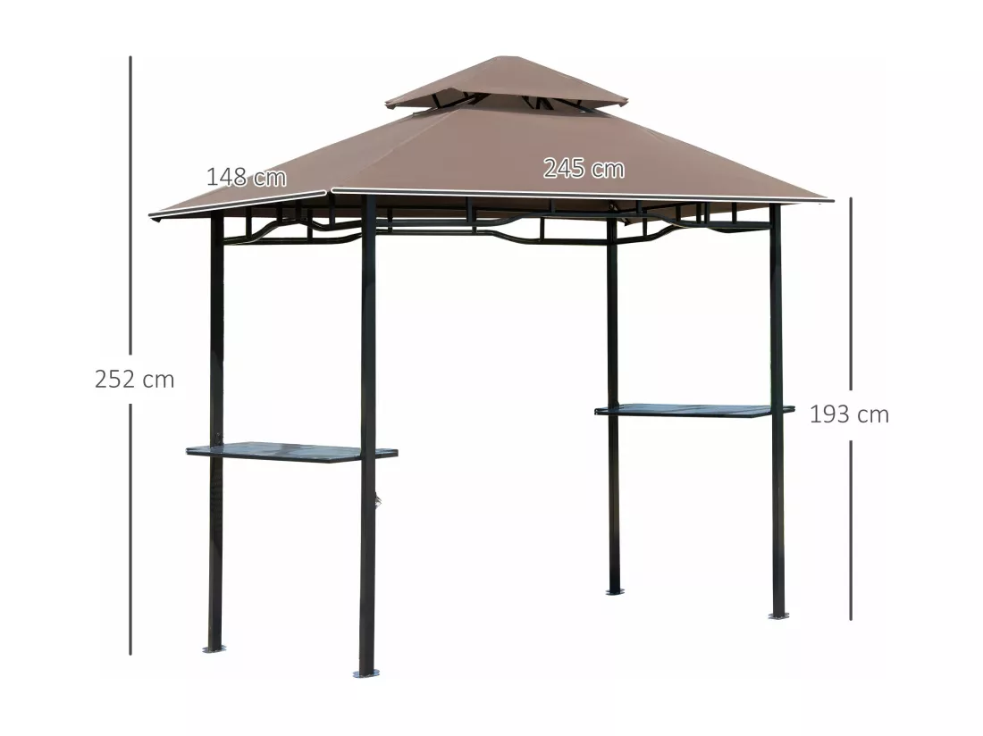 Pavillon abri tonnelle de jardin pour barbecue double toit 2 tablettes incluses tissu polyester acier 2,45 x 1,48 x 2,55 m chocolat