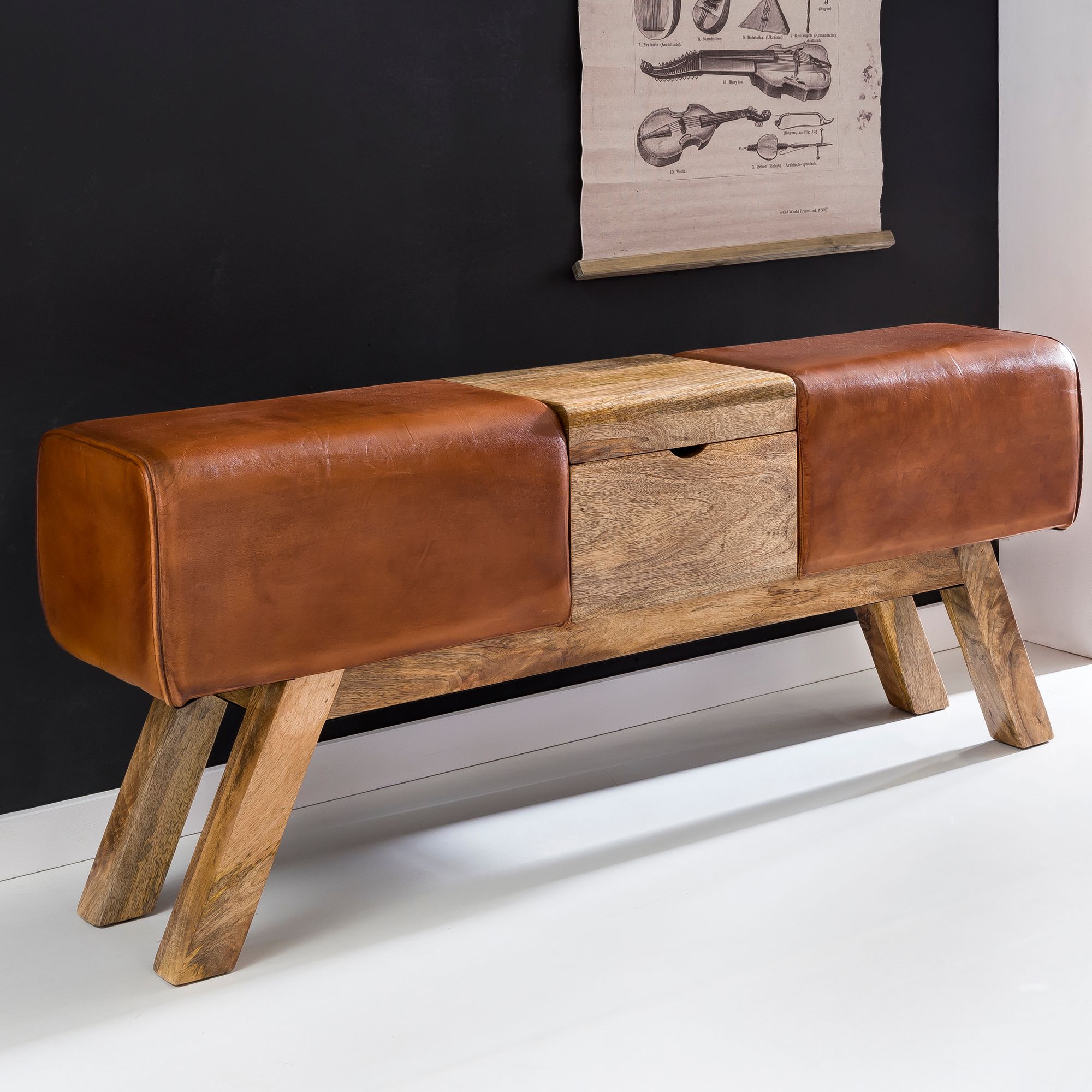 KADIMA DESIGN Retro Sitzbank, Echtes Leder, Holzbeine, 120 cm - Stilvoll & Komfortabel mit Stauraum