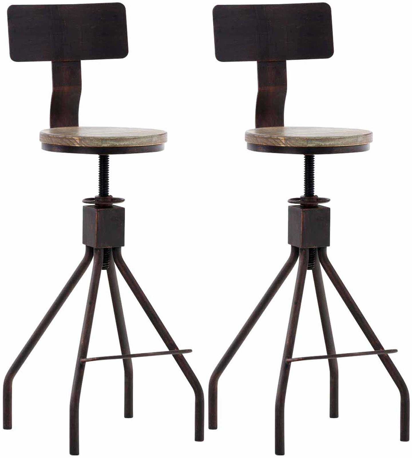 CLP 2er Set Barhocker Elko Im Industrial-Look I Höhenverstellbarer Thekenhocker Mit Holzsitz Und Rückenlehne I Metallhocker Mit Fußstütze