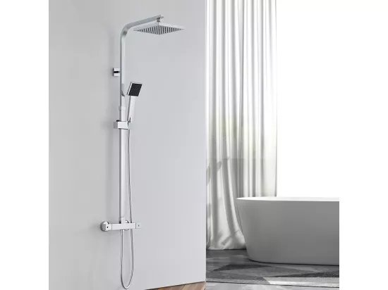 AURALUM MAX Colonne Douche Thermostatique,Réglable en Hauteur,Système Douche avec Pommeau de Pluie et Douchette à Main Carré,Acier Inoxydable Chromé