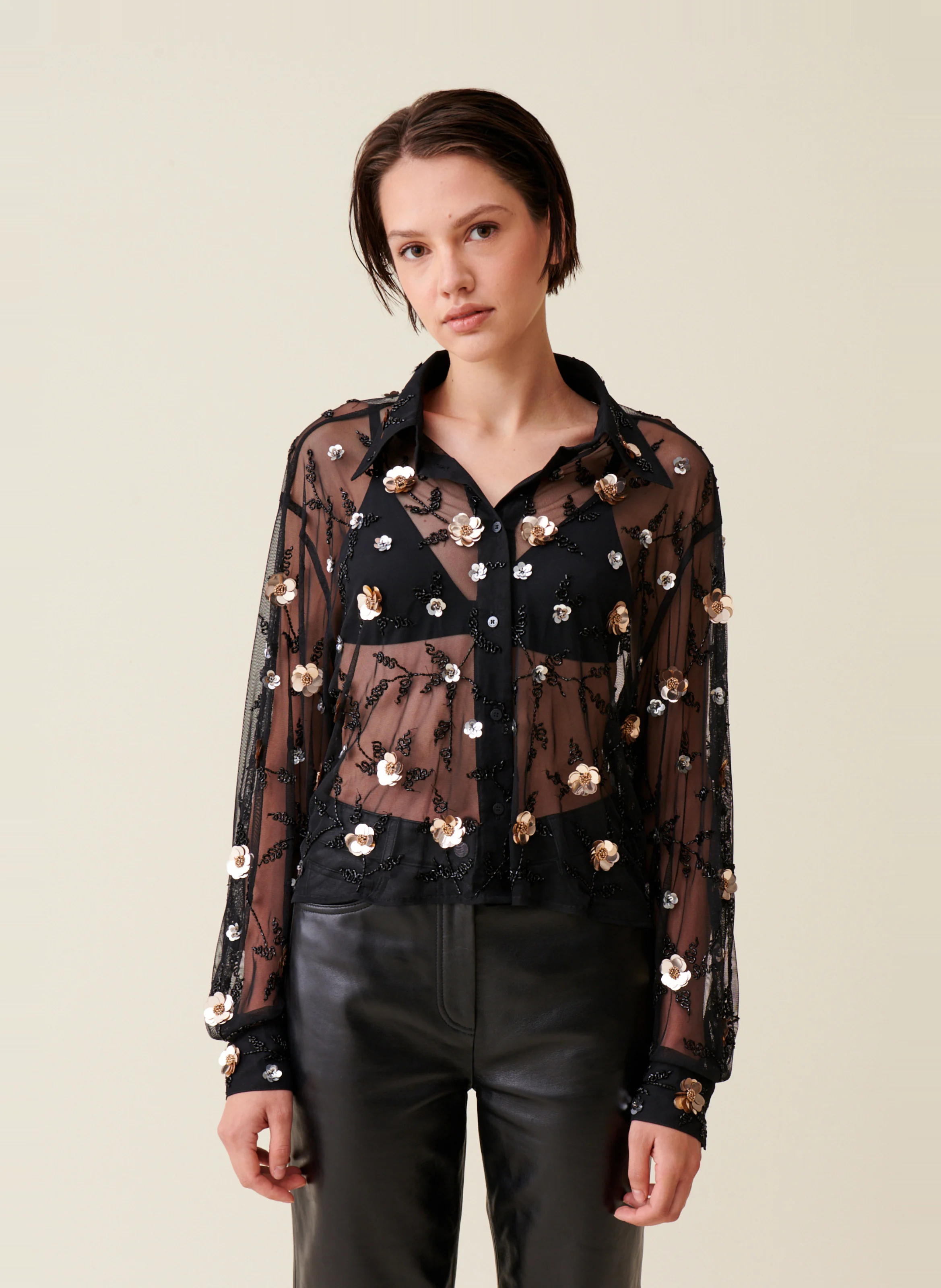Chemise droite transparente brodée | Noir